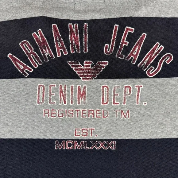 Armani Jeans Mens XL Polo Shirt Navy Blue Grey Striped Big Spellout Graphic Y2K - Picture 2 of 9
